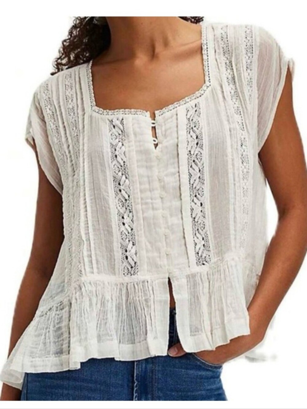 Halo & Harley Women’s White Lace-Trim Peasant Top NWT